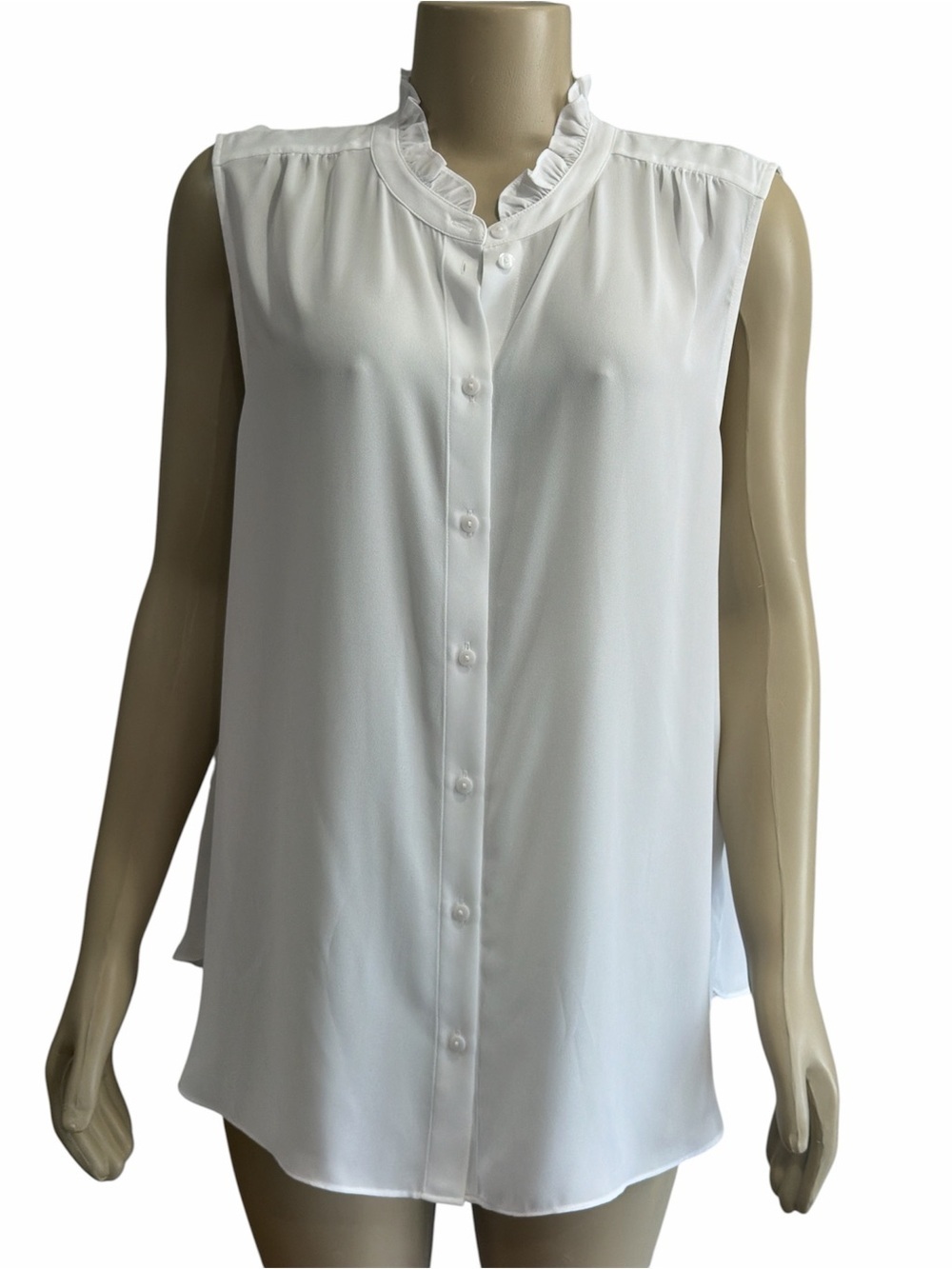 NYDJ White Sleeveless Ruffle Collar Button-Front Blouse